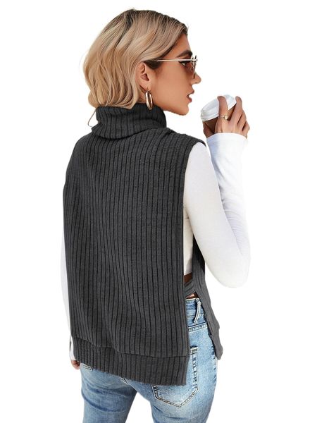 

turtleneck ribbed knit split hem tank without tee k6eu#, White