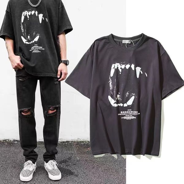 Camisetas de verão unissex com caimento solto streetwear camisetas de grife lavadas antigas retrô impressão de dentes de lobo rua principal