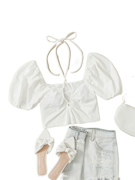 

crisscross halter cut out ruched crop tee p2u8#, White