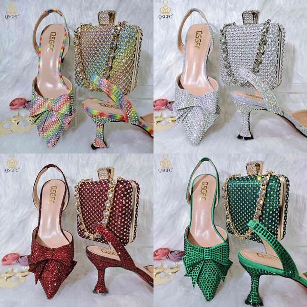 

dress shoes 2022 new fashion full of crystal decoration style rainbow glass heel friends party ladies and bag for 220722, Black