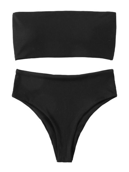 

solid bandeau high waisted bikini swimsuit x8vm#, White;black