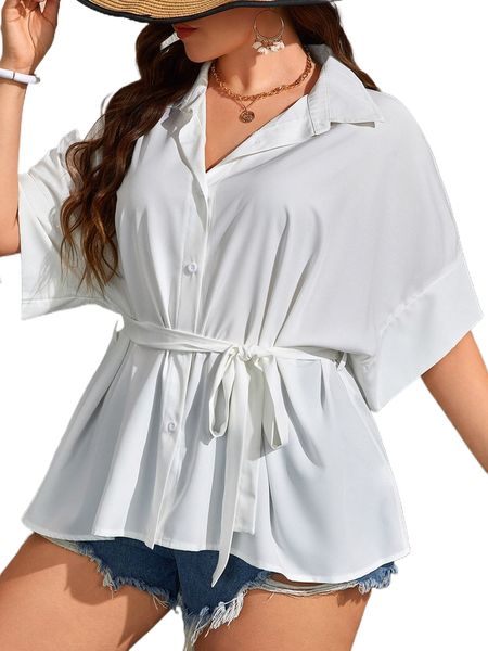 

plus batwing sleeve belted blouse l5vn#, Black