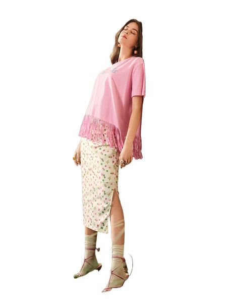 

floral print split hem ruched skirt 42l1#, Black