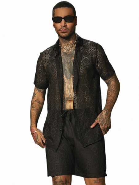 

men hollow out lace shirt & shorts 23sd#, Gray