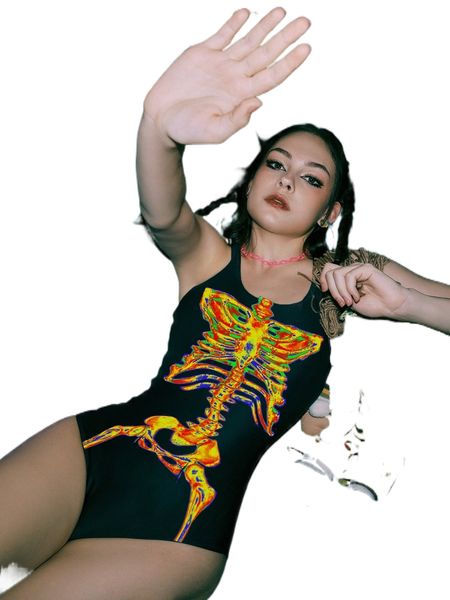 

romwe street life skeleton graphic criss cross one piece swimsuit t3or#, White;black