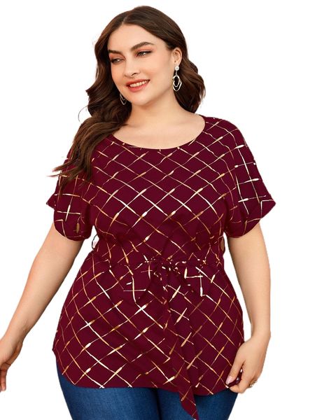 

plus golden plaid print dolman sleeve belted blouse n8r3#, Black