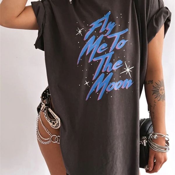 

women's tshirt fly me to the moon print side slit tee women short sleeve summer graphic t vintage loose woman tshirts clothes 230206, White