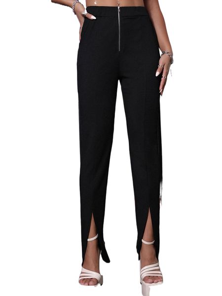 

zip fly slit hem straight leg pants q7ep#, Black;white