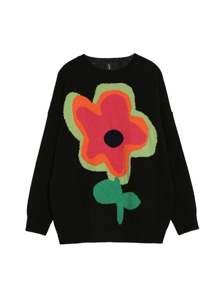

women pullover sweaters 2022 autumn winter korean loose flower pattern knitted sweater jumper soft warm femme, White;black