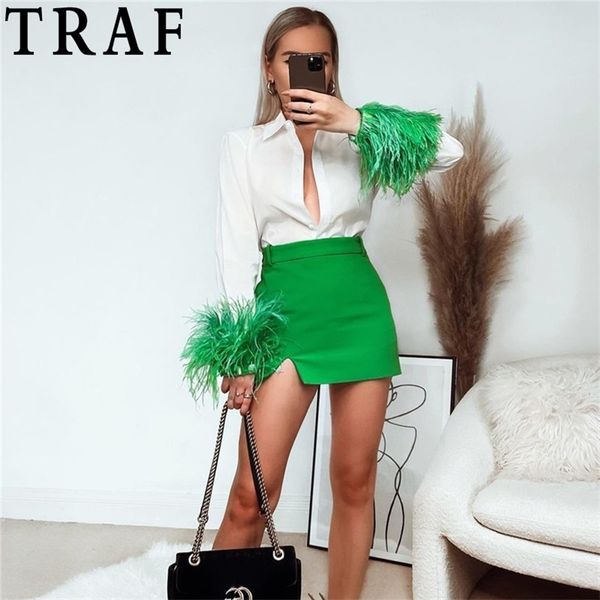 

traf zar white shirt woman fashion green feather women long sleeve party elegant female blouses button up women shirt 220420