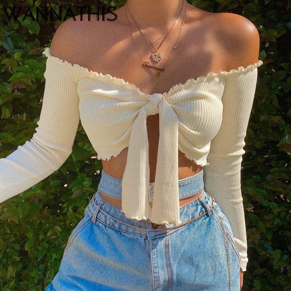 

floral edge tee cropped shirts women long sleeve off shoulder twist slim crop woman summer clothes 2022, White