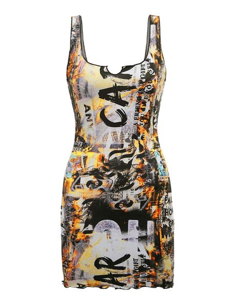 

allover print lettuce trim bodycon dress p2ws#, Black;gray