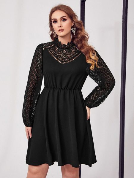 

plus guipure lace insert a-line dress m3zb#, Black
