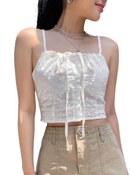 

dazy eyelet embroidery knot front crop cami t5yd#, White