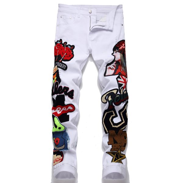 

white jeans men patch slim fit straight leg jean pant hip hop casual trousers, Blue