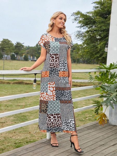 

emery rose patchwork print tunic dress 63hz#, Black;gray