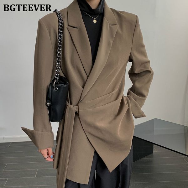 

fashion notched collar lace-up women blazer vintage loose long sleeve autumn winter outwear female jackets 2022, White;black
