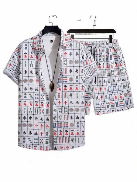 

men random mahjong print shirt & drawstring waist shorts without tee l6zs#, Gray