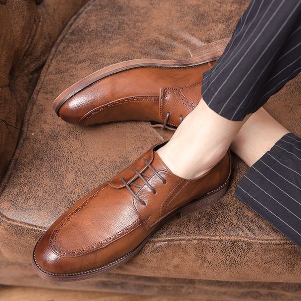 

men casual shoes pu leather mens shoes spring casual work shoes outdoor rubber lace-up oxford chaussure brogue comfy, Black