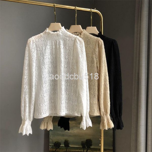 

women's t-shirt strongly recommend lace bottomed blouse women's early spring french elegant stand collar flower embroidery, White