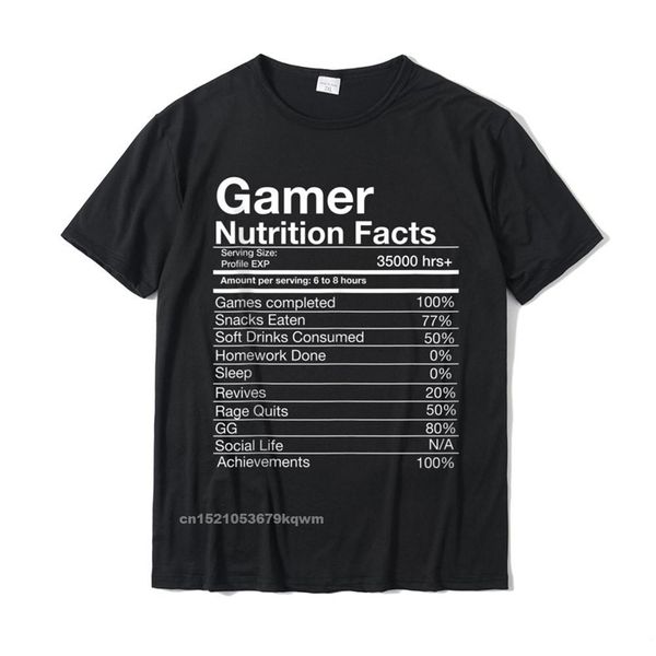 Gamer Nutrition Facts Gamer Funny Video Game Magliette Top Cotton Tops Tees For Men Slim Fit Top T-shirt stampate in 3D in vendita 220509