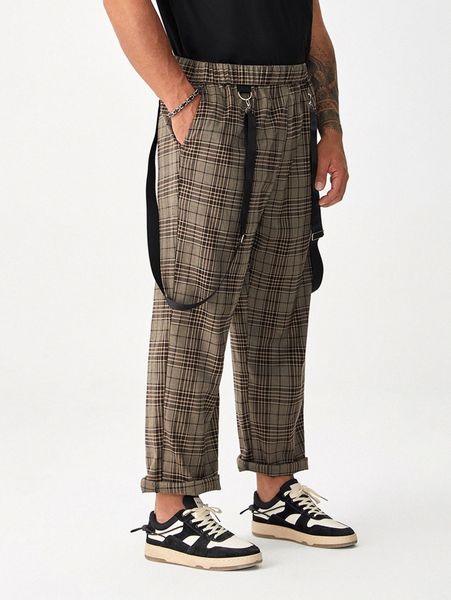 

extended sizes men plaid print overall pants 82cv#, Black