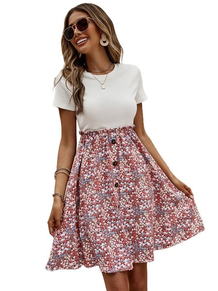 

ditsy floral print frill trim dress k2ga#, Black;gray