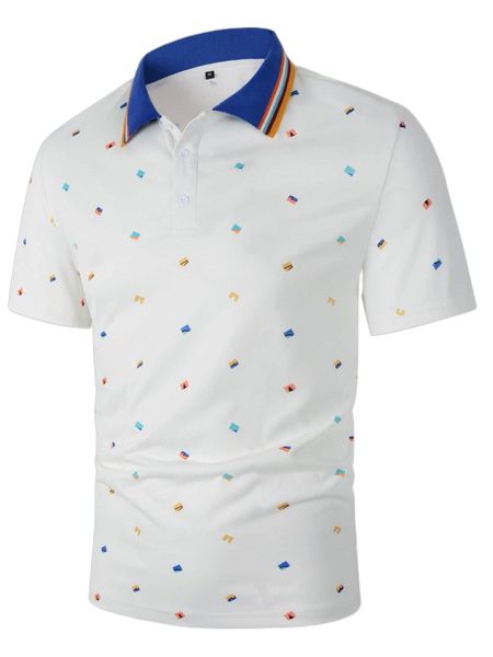 

men allover print contrast collar polo shirt 25fk#, White;black