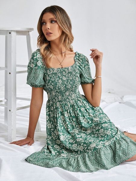

floral print shirred bodice puff sleeve ruffle hem dress w2kf#, Black;gray
