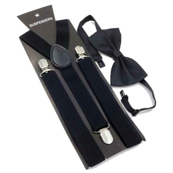 

new 3 clips suspenders clip-on y back elastic with bow tie set adjustable braces christmas wedding gift 42 color sy222, Black;white