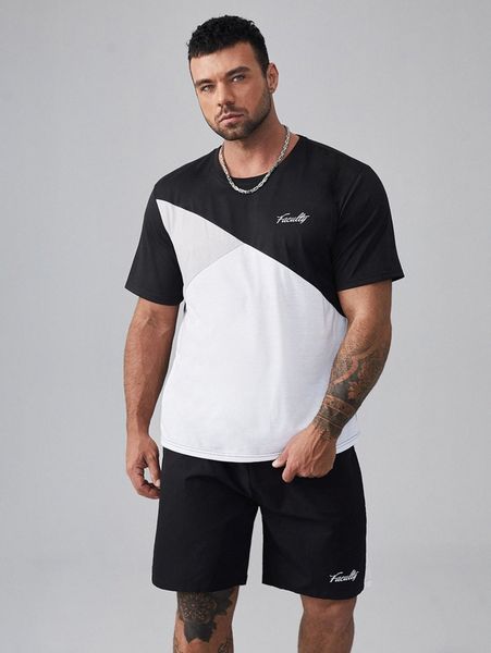 

extended sizes men letter graphic cut and sew tee with shorts v1ez#, Gray