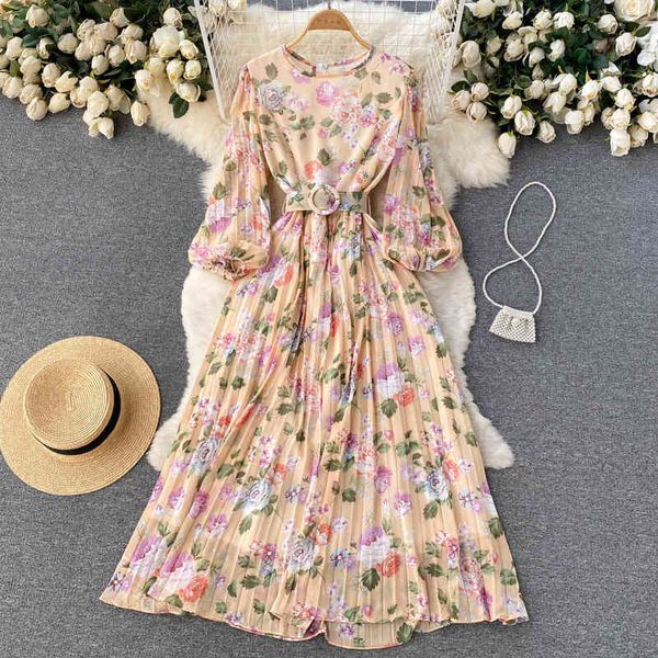 

casual dresses dress female spring 2022 goddess fan chaoxian sweet bubble sleeve floral skirt pleated knee length a8o6, Black;gray