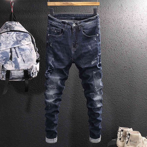 

men's jeans fashionable high street men's slim skinny fashion brand printed patches worn out young pants a6ge, Blue
