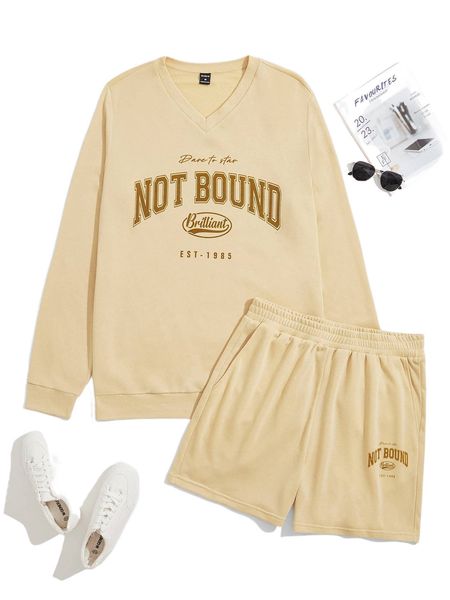 

men letter graphic sweatshirt & shorts u8hr#, Gray