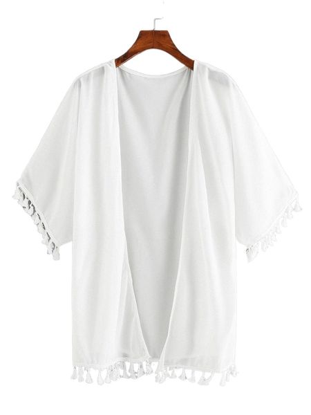 

plus fringe hem open front kimono z1ht#, Black;gray