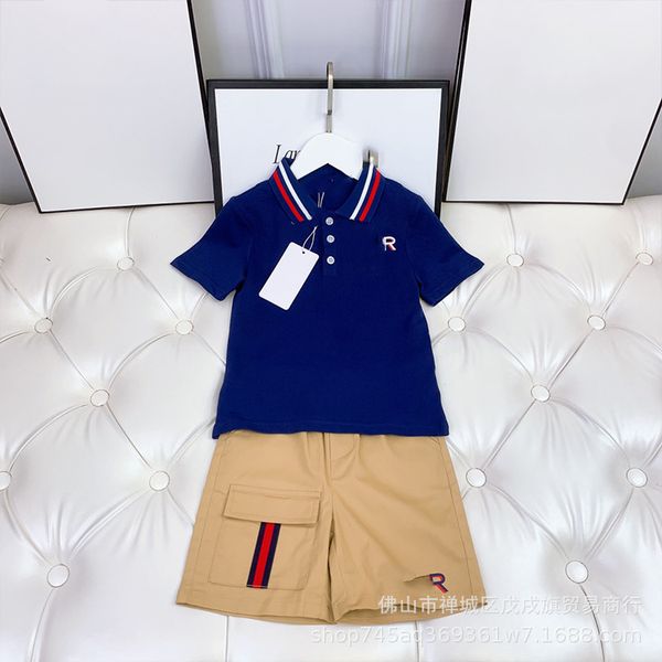 

children's summer fashion small lapel short sleeve t-shirt handsome casual pants two-piece set, White