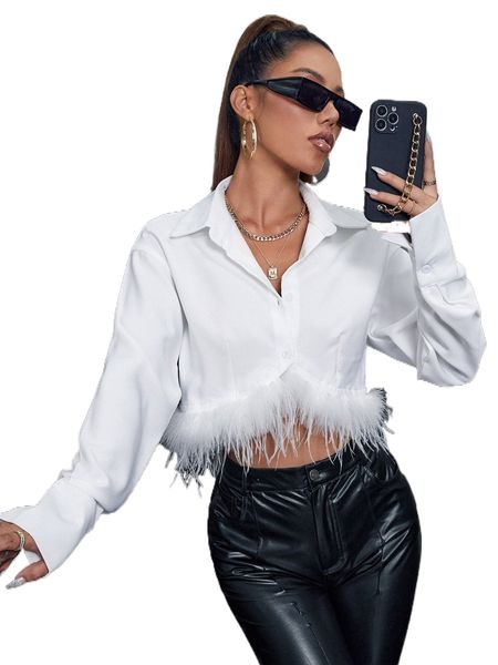 

contrast fuzzy drop shoulder crop shirt u3gb#, White