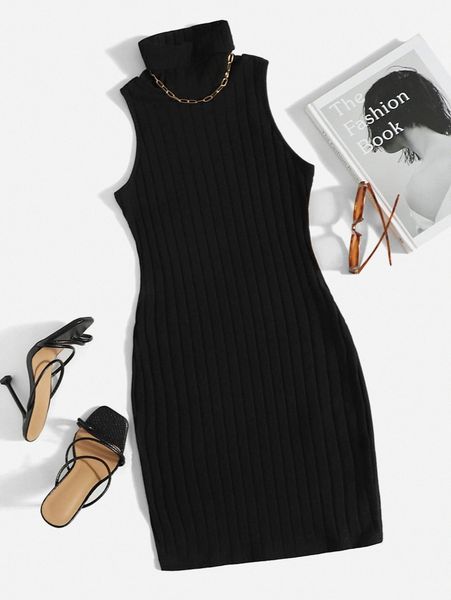 

turtleneck ribbed knit dress c3z7#, Black;gray