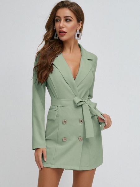 

sbetro double button belted blazer dress v199#, White
