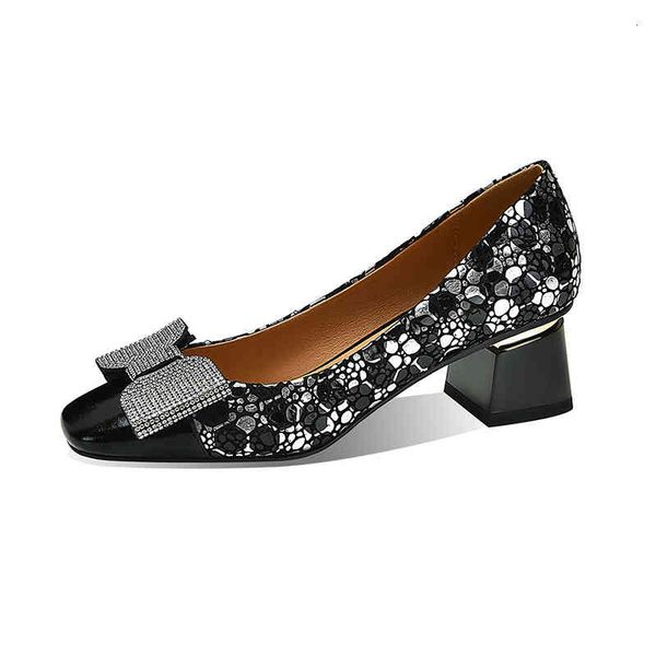 

dress shoes autumn and winter women's shoes square head thick high heels bowknot diamond color matching commuting shallow mouth qi8f, Black