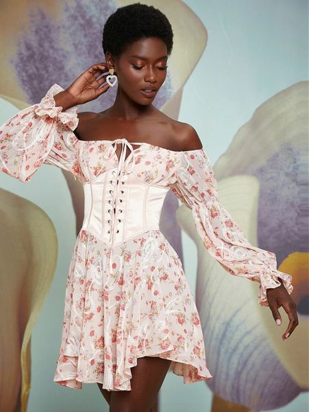 

x penelope ping off shoulder bell sleeve lace up front floral dress n31f#, Black;gray