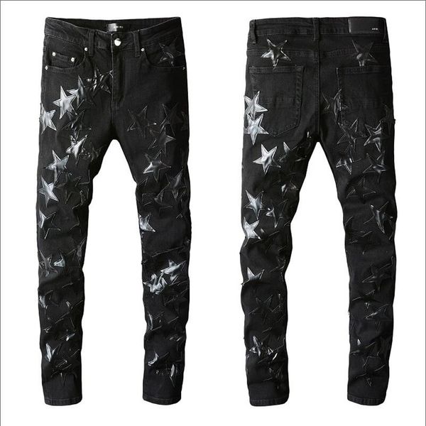 

2022 mens jeans hip hop high street fashion retro torn fold stitching men's woemns designer motorcycle riding slim fitting casual pants, Blue