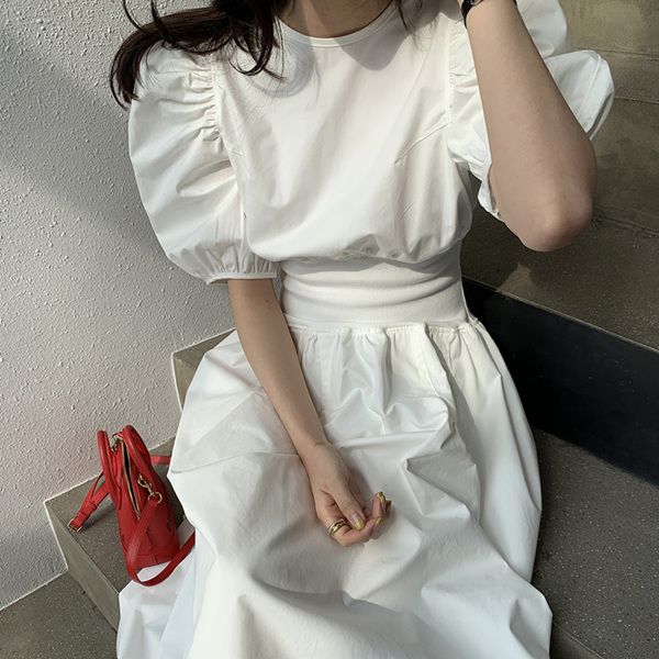 

french elegant dress round collar loose ruffle design high waist big swing bubble sleeve, Black;gray