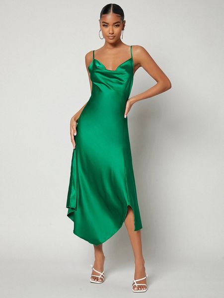 

cowl neck asymmetrical hem satin cami dress n85m#, Black;gray