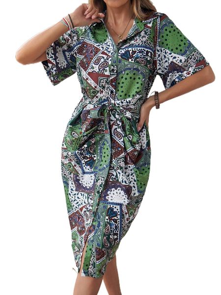 

paisley patchwork print belted shirt dress 102w#, Black;gray