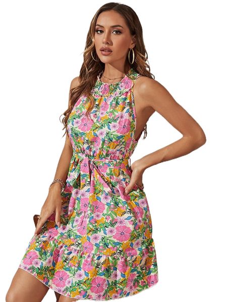 

all over floral print belted dress i3x5#, Black;gray