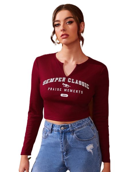 

women letter graphic notched neck t-shirt q0ni#, White