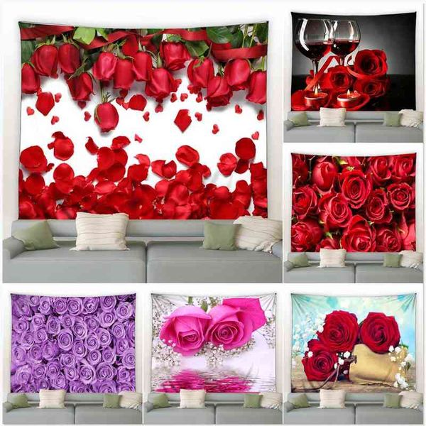 Parede de carpete de rosas penduradas tapetes de flores vermelhas natureza elegante para o quarto de estar decoração de arte de arte em casa manta de ioga j220804