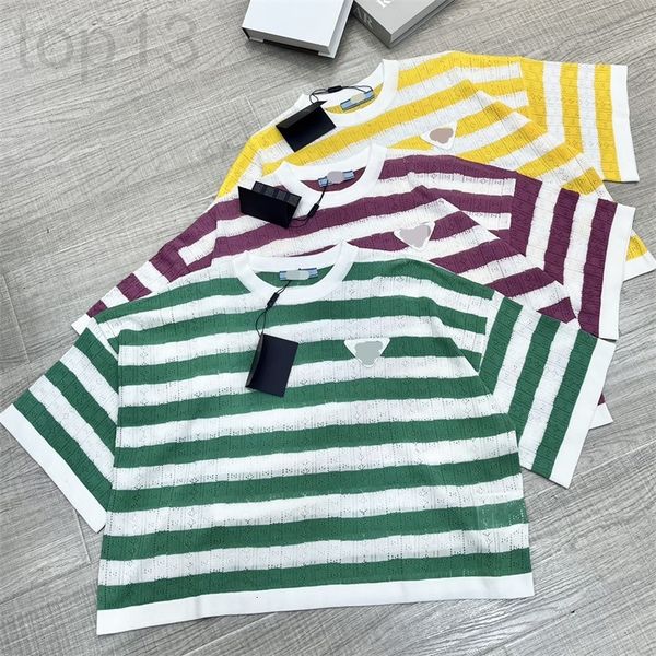 

women's knits & tees designer pujia 2022 spring / summer triangle stitching stripe half sleeve sweater versatile round neck loose t-shi, White