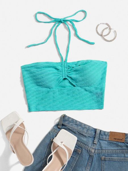 

drawstring cut out front crop halter 40w6#, White